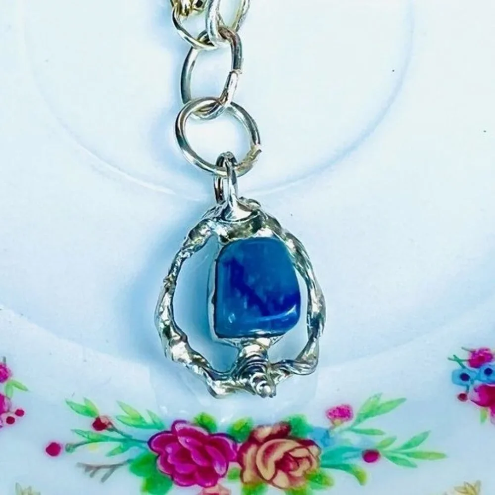 Broken China & Sodalite Charm Bracelet with Artisan Silver-Blend Boho Metalwork